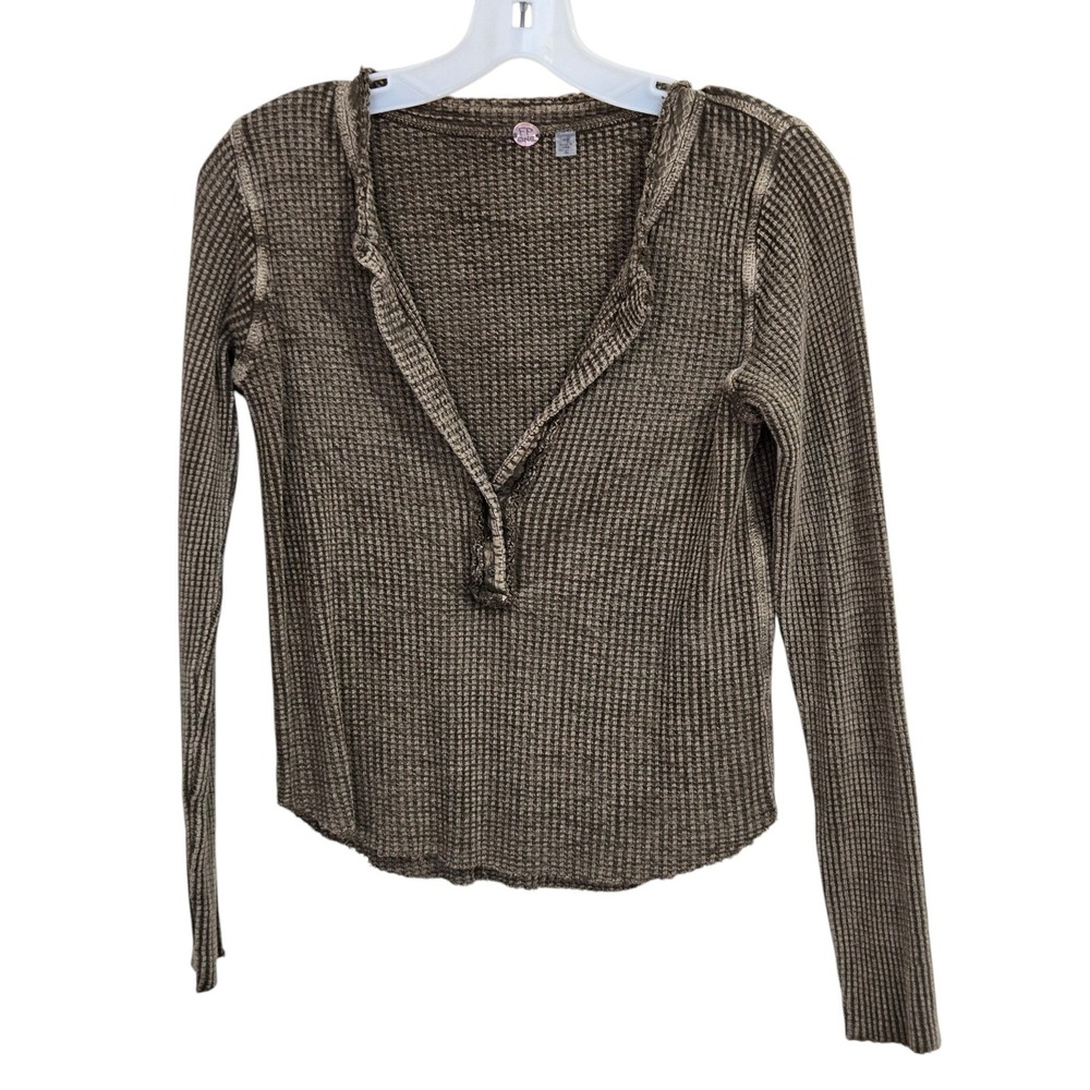 Free People FP One Colt Thermal Top Small Washed Brown Waffle Knit Plunge Grunge